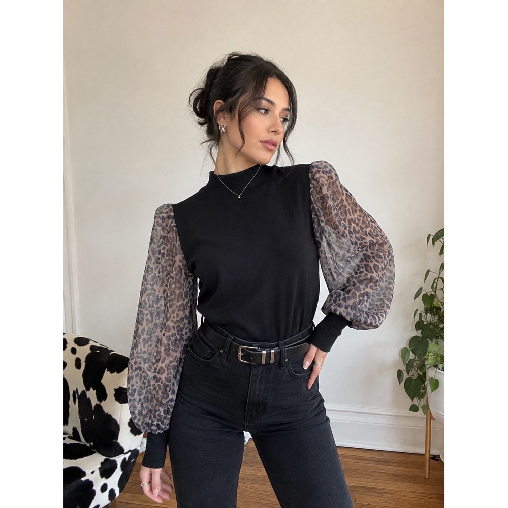 SIONI Sheer Leopard Balloon Sleeve Sweater Women M Black Animal Print Chic